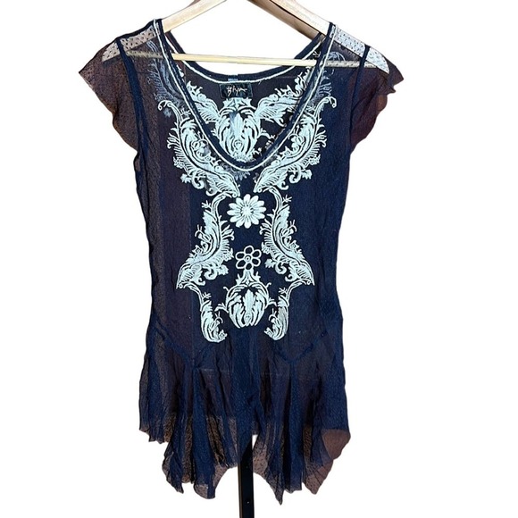 Johnny Was Dresses & Skirts - Johnny Was Biya Navy Blue Mesh Embroidered Sheer Dress Size Small